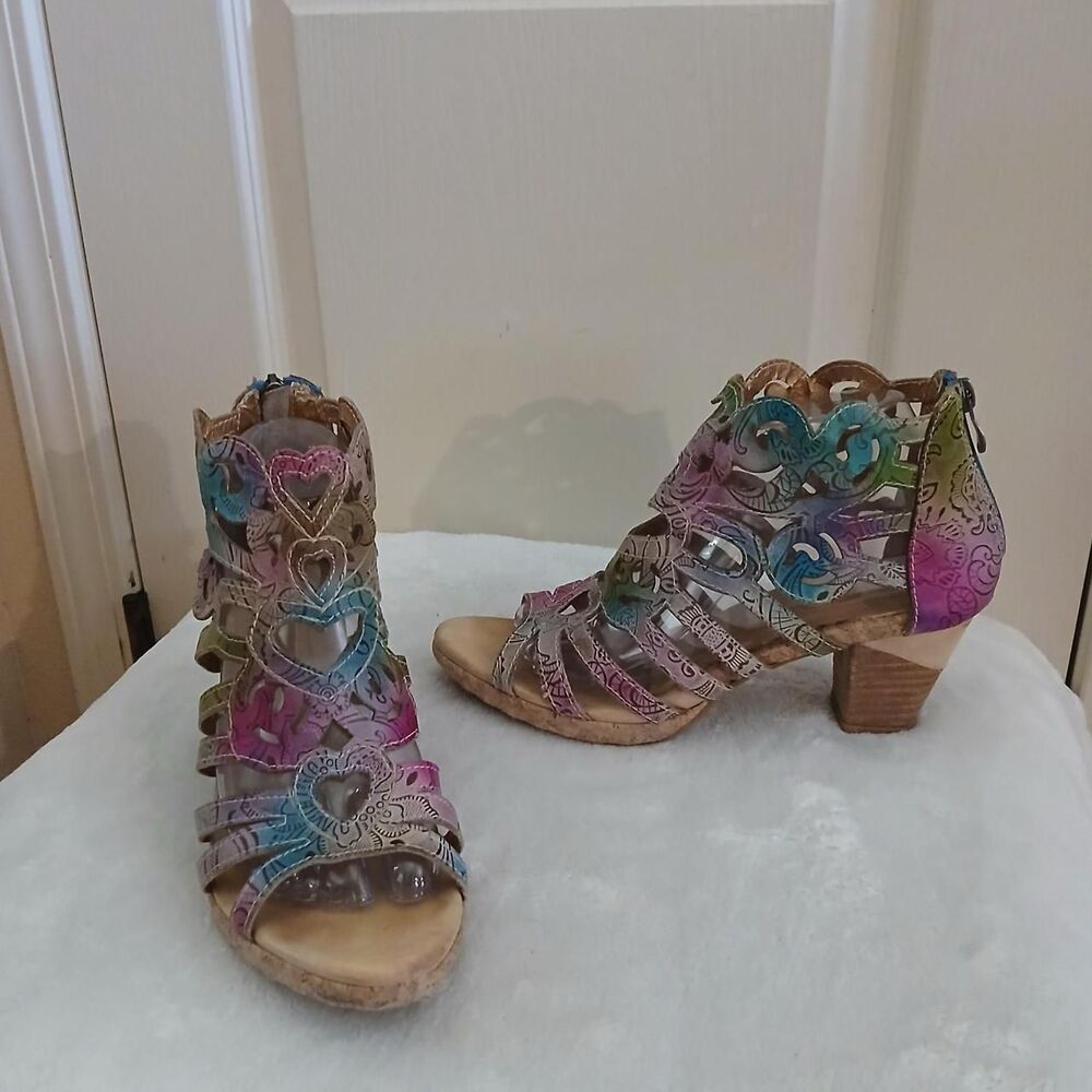 L'Artiste by Spring Step Icon Hand Painted Leather Sandal Chunky Block Heels 39